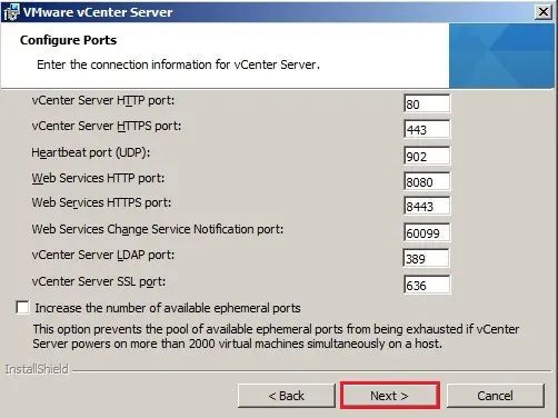 vcenter 5.5 installation wizard ports