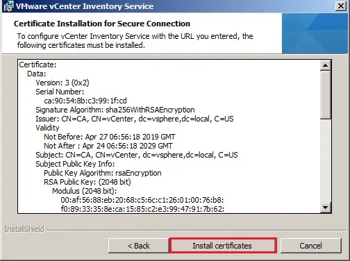 vcenter inventory service sso certificate