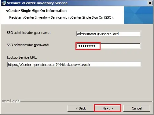 vcenter inventory service sso password