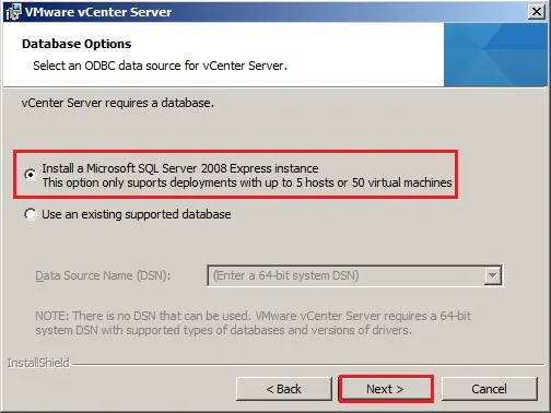 vcenter server 5.5 install sql server