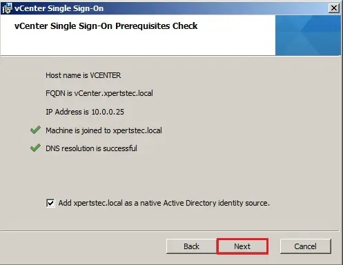 vcenter single sign on prerequisites check