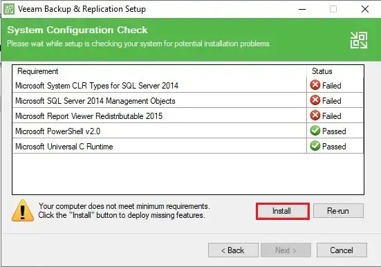 veeam backup installation missing components