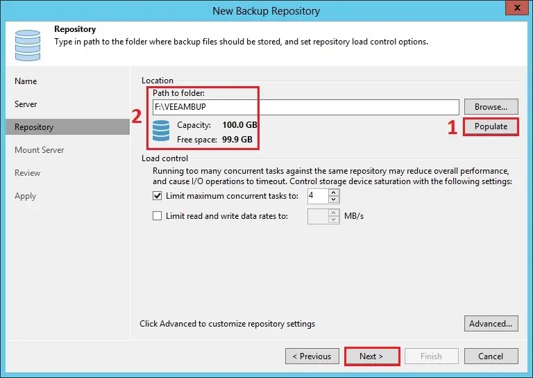 veeam backup repository folder capacity