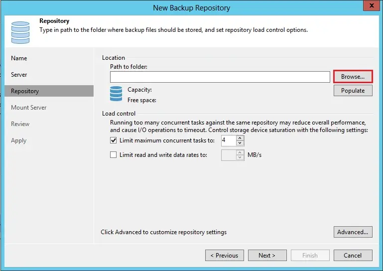 veeam backup repository path or folder