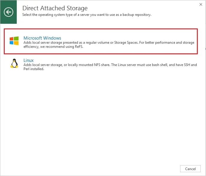 veeam direct attached storage microsoft windows