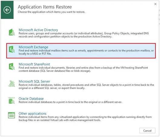 veeam exchange application items restore