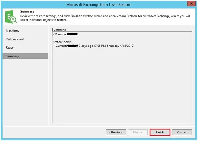 veeam exchange item level restore summary