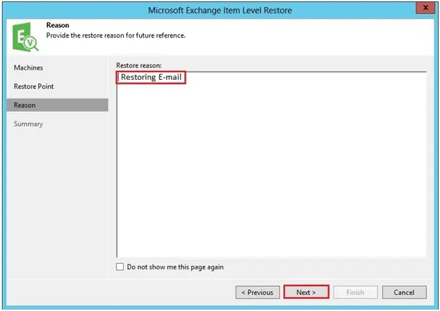 veeam exchange items restore reason