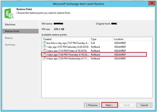 veeam exchange restore point