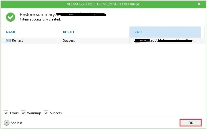 veeam exchange restore summary