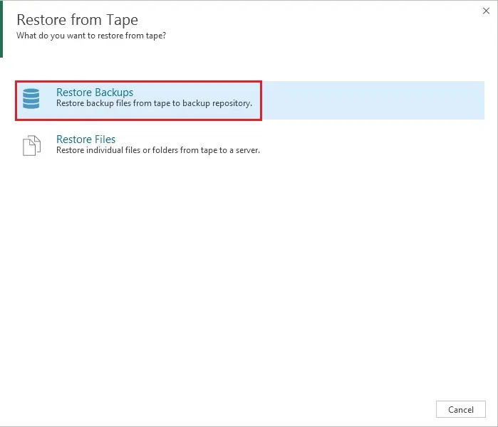 veeam restore backup from tape repository