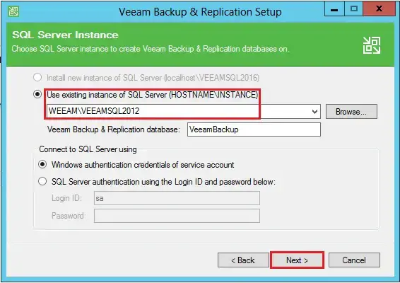 veeam sql server instance