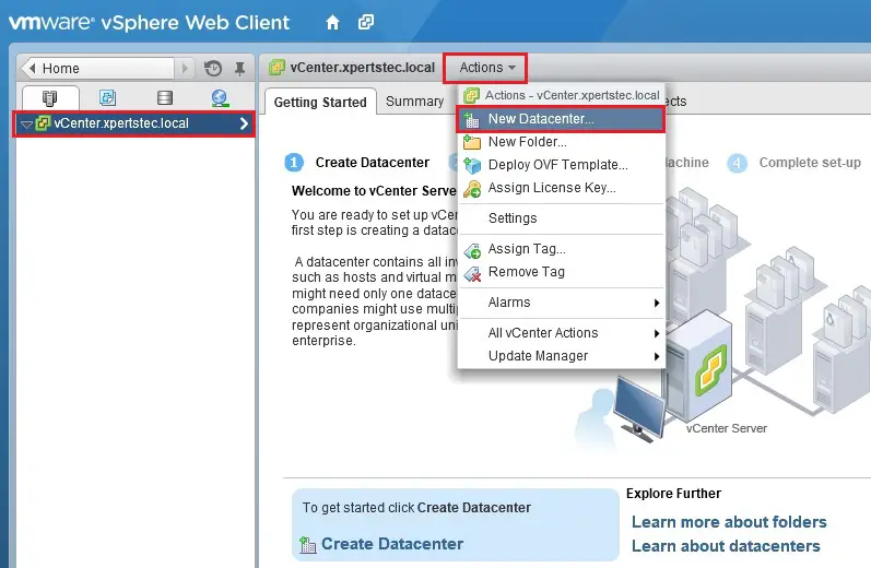 vsphere web client login create new datacenter