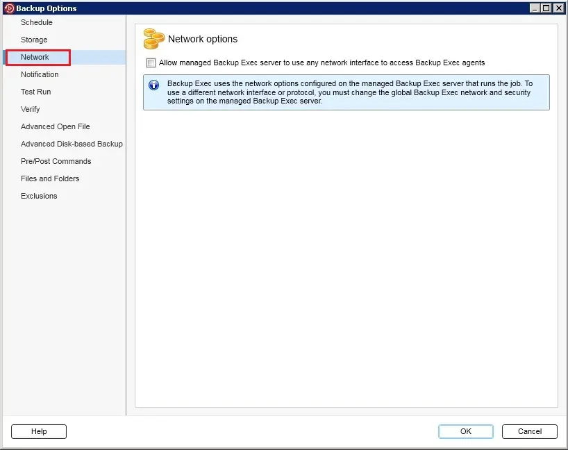 Veritas Backup Exec network options