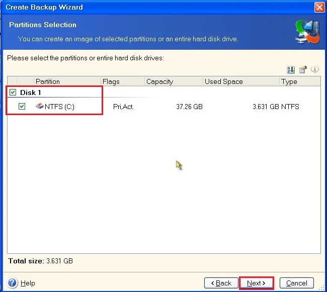 acronis 9 create backup partitions selections