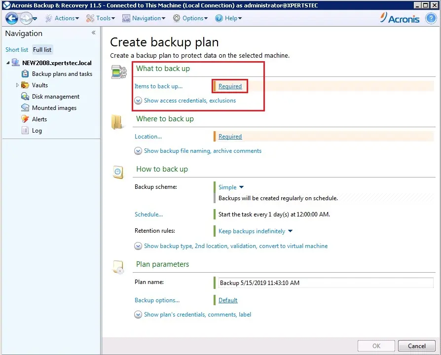 acronis backup 11.5 create backup plan