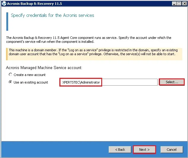 acronis backup client service account