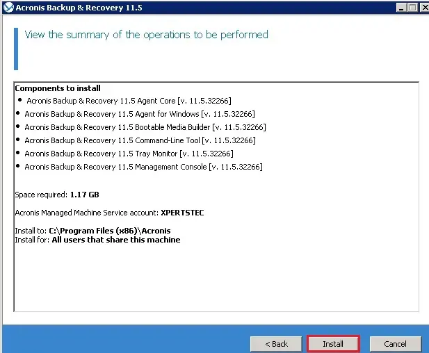 acronis backup component install