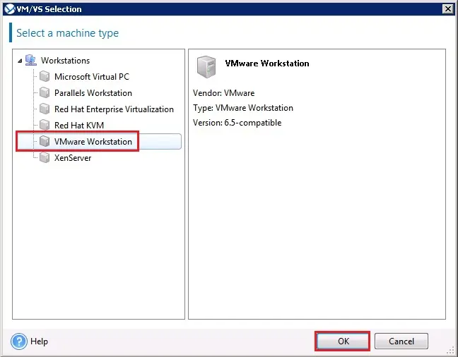 acronis backup machine type vmware workstation