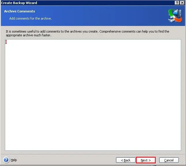 acronis backup wizard archive comments