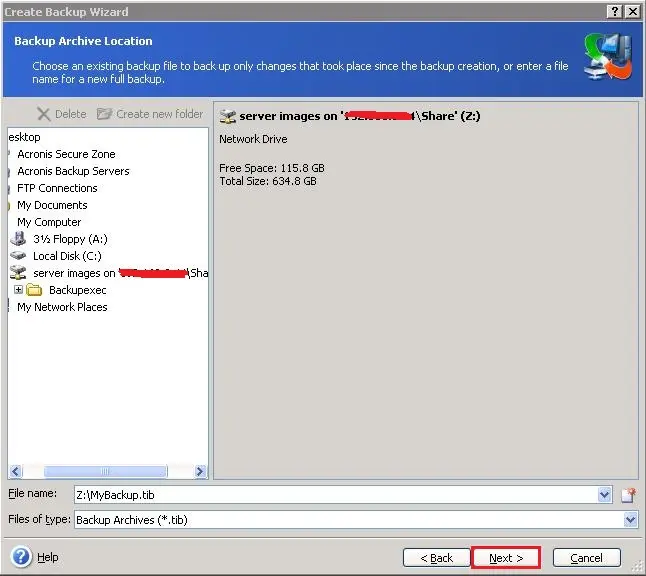 acronis backup wizard archive location