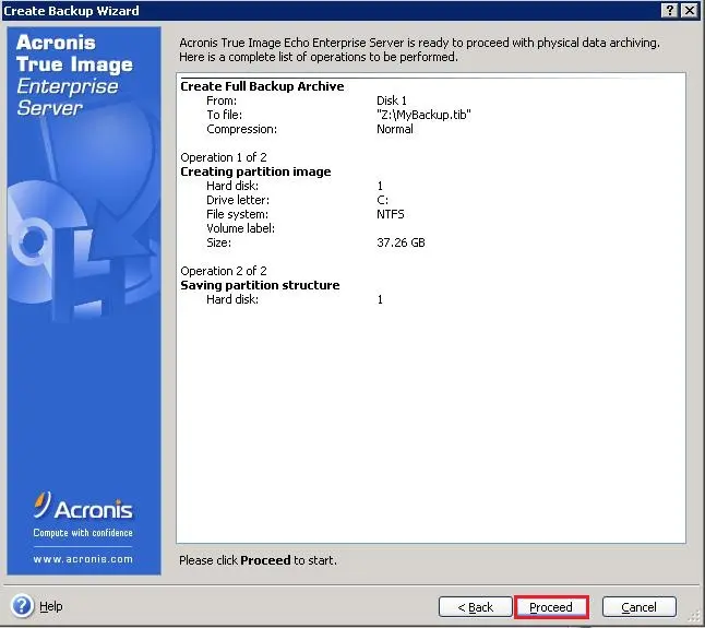acronis backup wizard proceed
