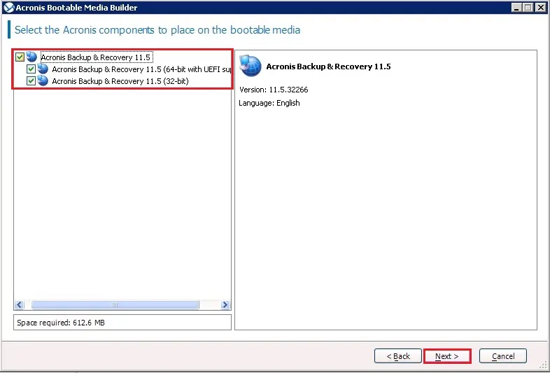 acronis bootable media components