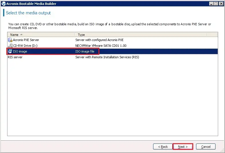 acronis bootable media output