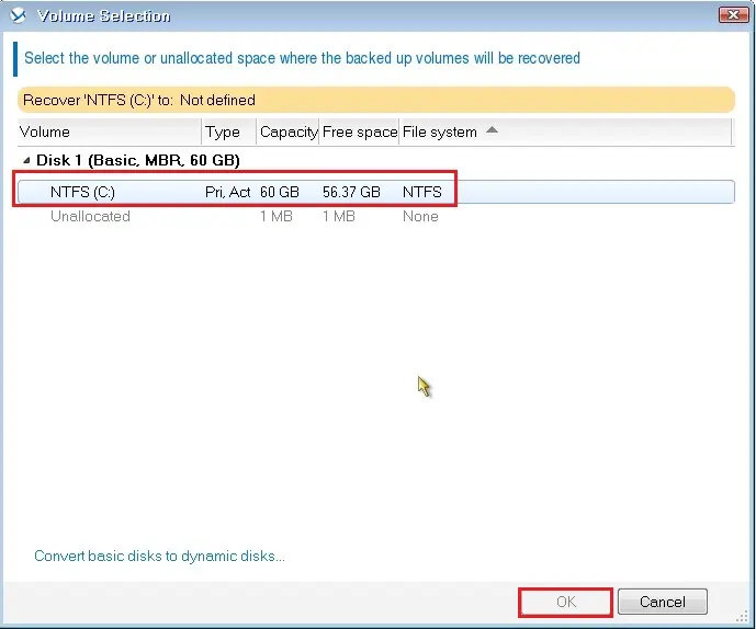 acronis connected machine volume selections