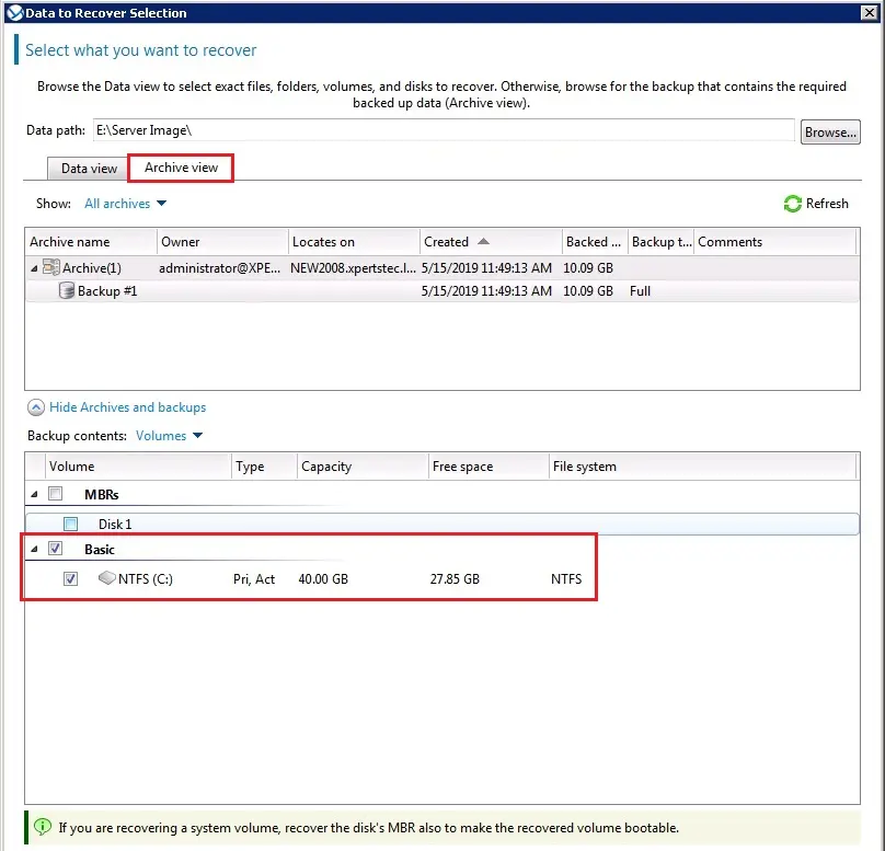 acronis data to recover selection archive view