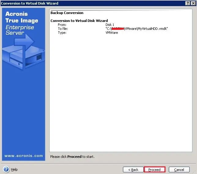 acronis echo conversation to virtual disk proceed