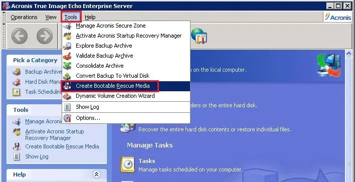 acronis echo enterprise create bootable media