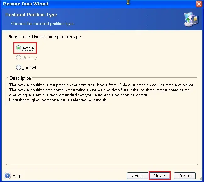 acronis echo server restore partition archive