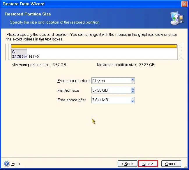 acronis echo server restored partition size