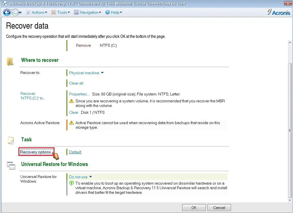 acronis recover data recovery options