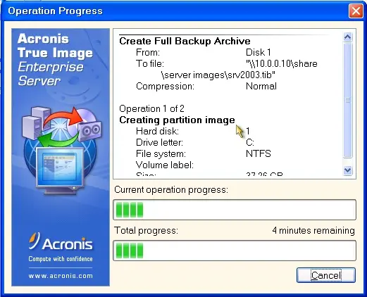 acronis true enterprise operation progress