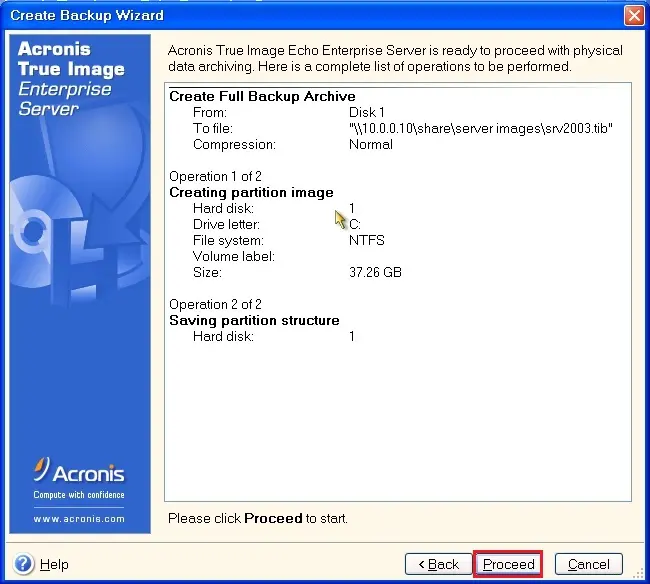 acronis true enterprise server archive  proceed