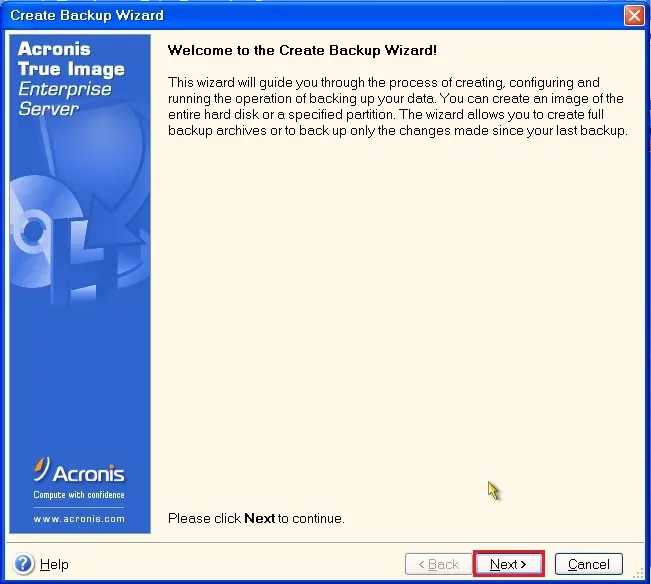 acronis true image echo server backup wizard