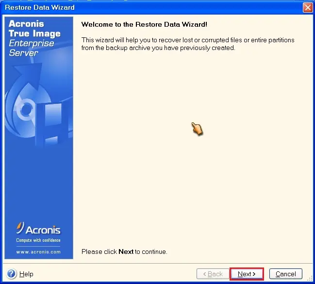 acronis true image echo server restore wizard