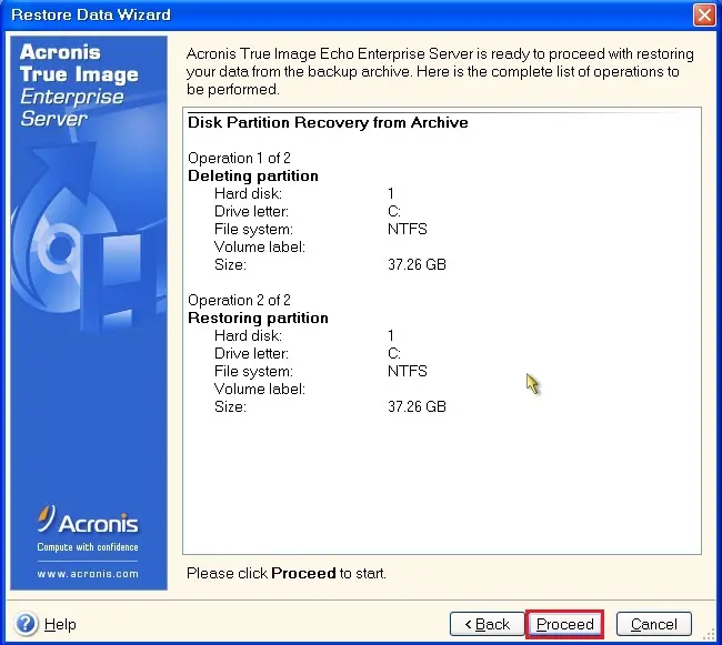 acronis true image enterprise server proceed