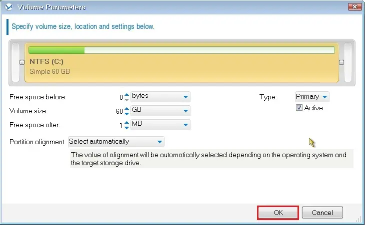 acronis volume parameter location settings