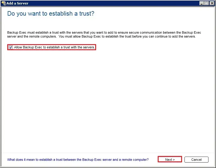 allow backup exec establish trust