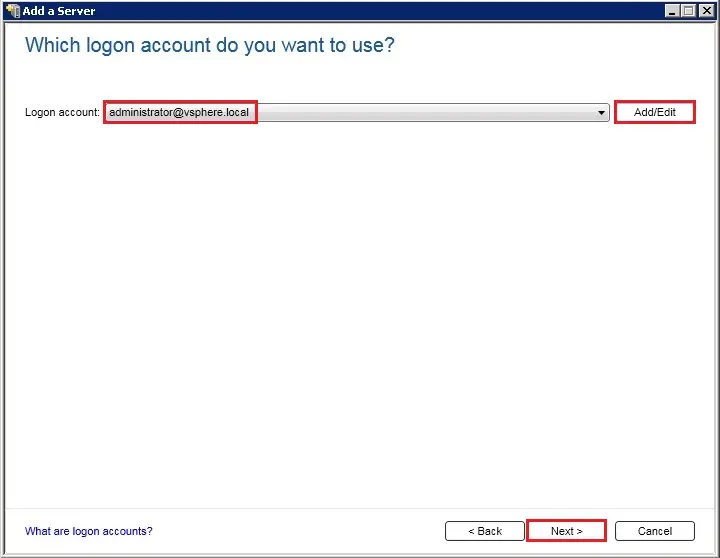 backup exec add server login