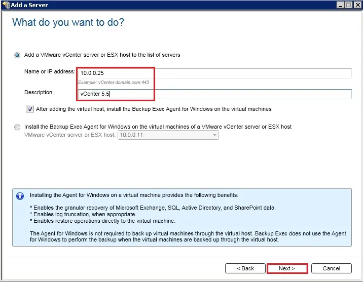 backup exec add vmware vcenter