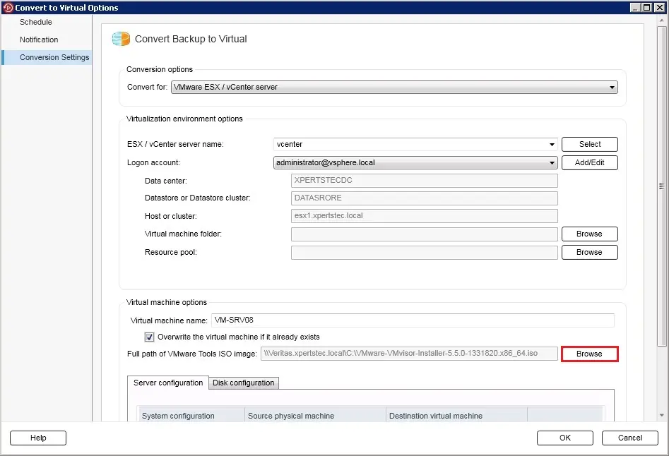 backup exec convert to virtual configuration