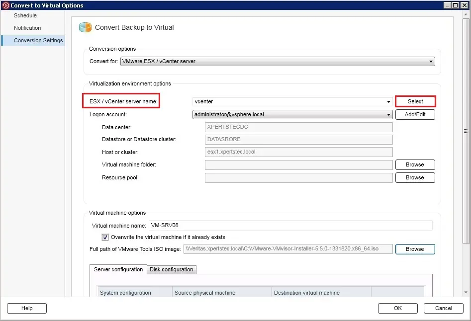 backup exec convert to virtual connection settings