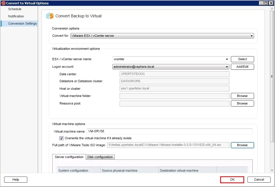 backup exec convert to virtual options