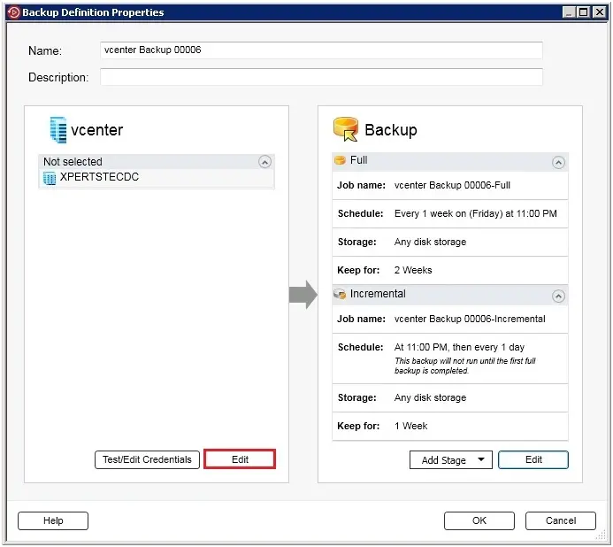 backup exec definition properties