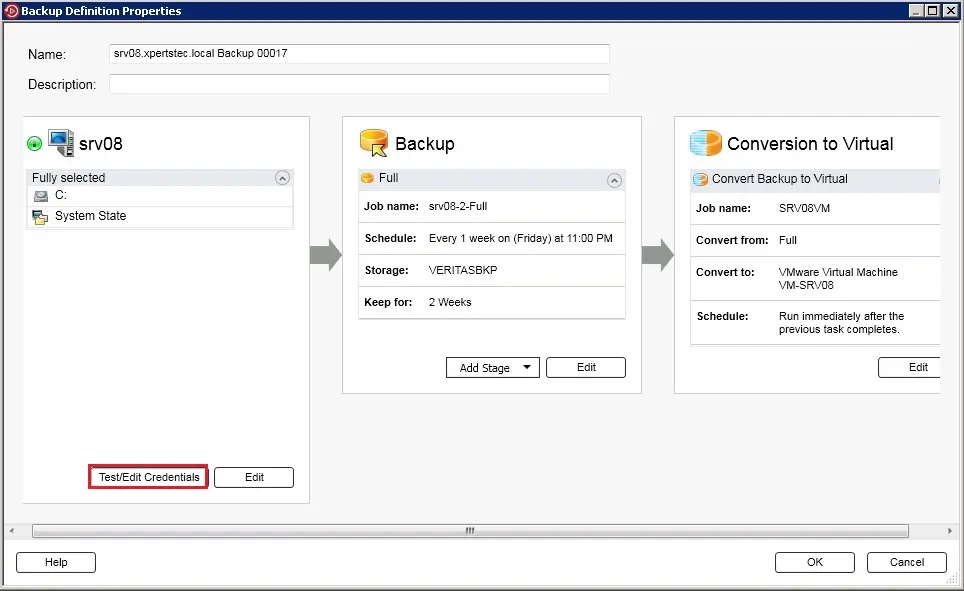 backup exec definition properties