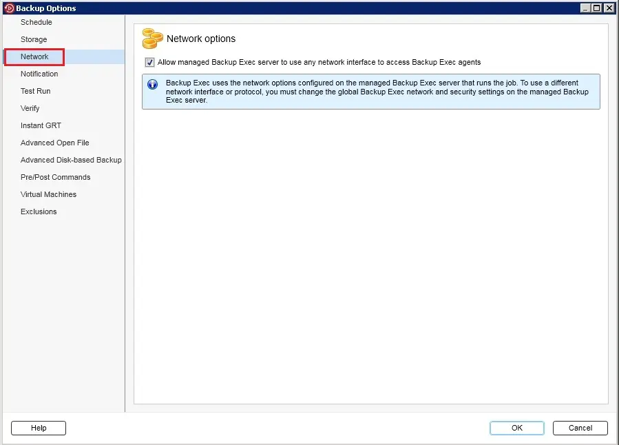 backup exec network options
